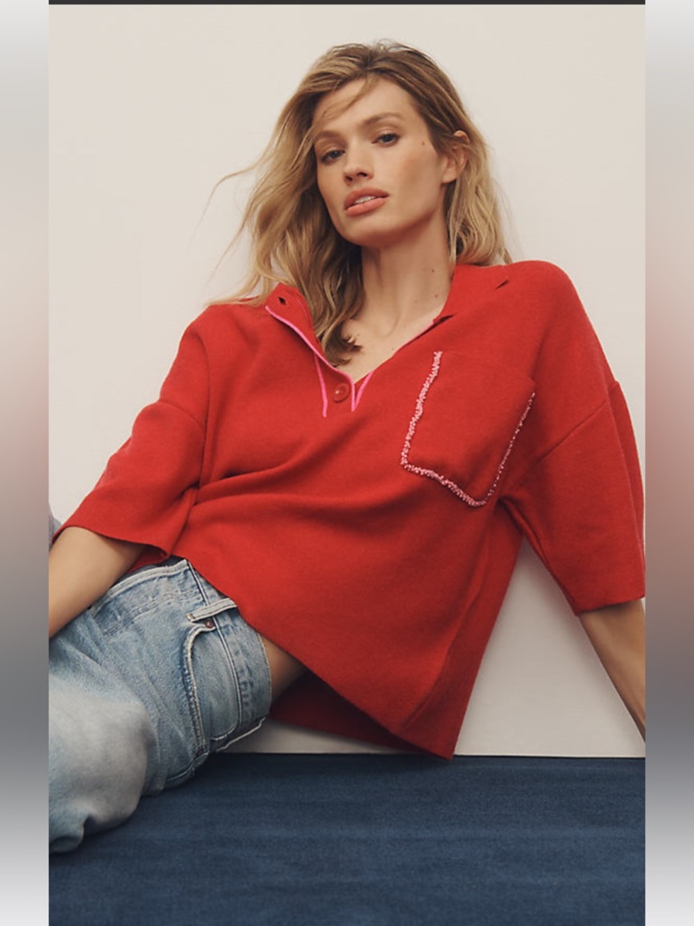 Anthro/MaevePinky Red Cropped Polo Sweater with Contrast Beaded Trim